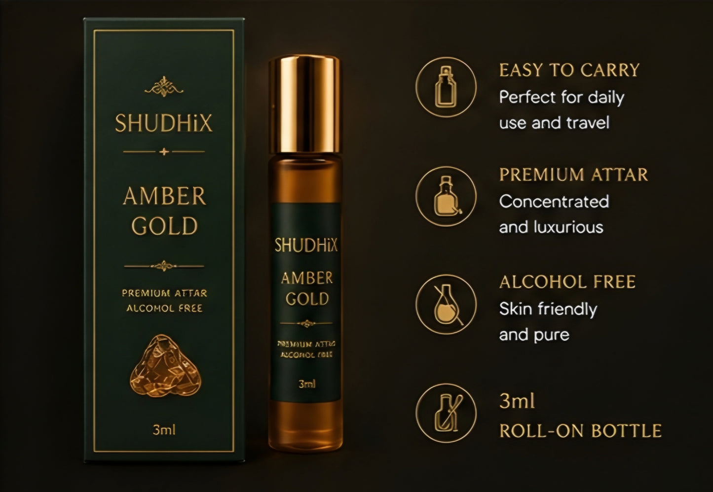 SHUDHIX Amber Gold Premium Attar | Alcohol Free Amber Vanilla Musk Perfume Oil