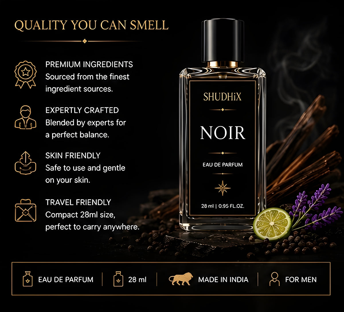 SHUDHIX NOIR Eau De Parfum for Men | Bergamot, Lavender, Amber & Woods | Long Lasting Luxury Fragrance