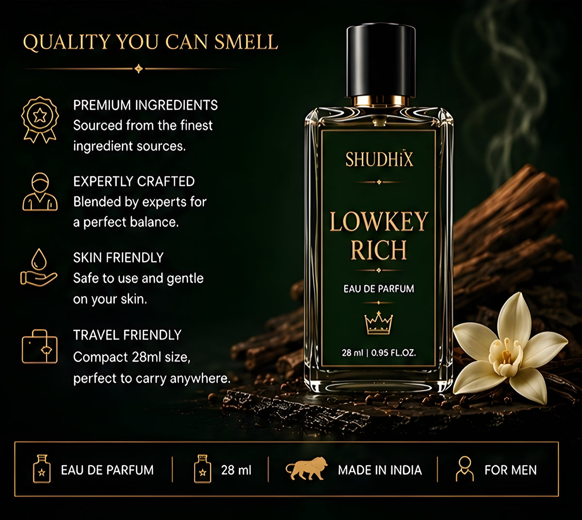 SHUDHIX Lowkey Rich Eau De Parfum for Men | Tobacco, Vanilla, Amber & Musk | Long Lasting Luxury Fragrance