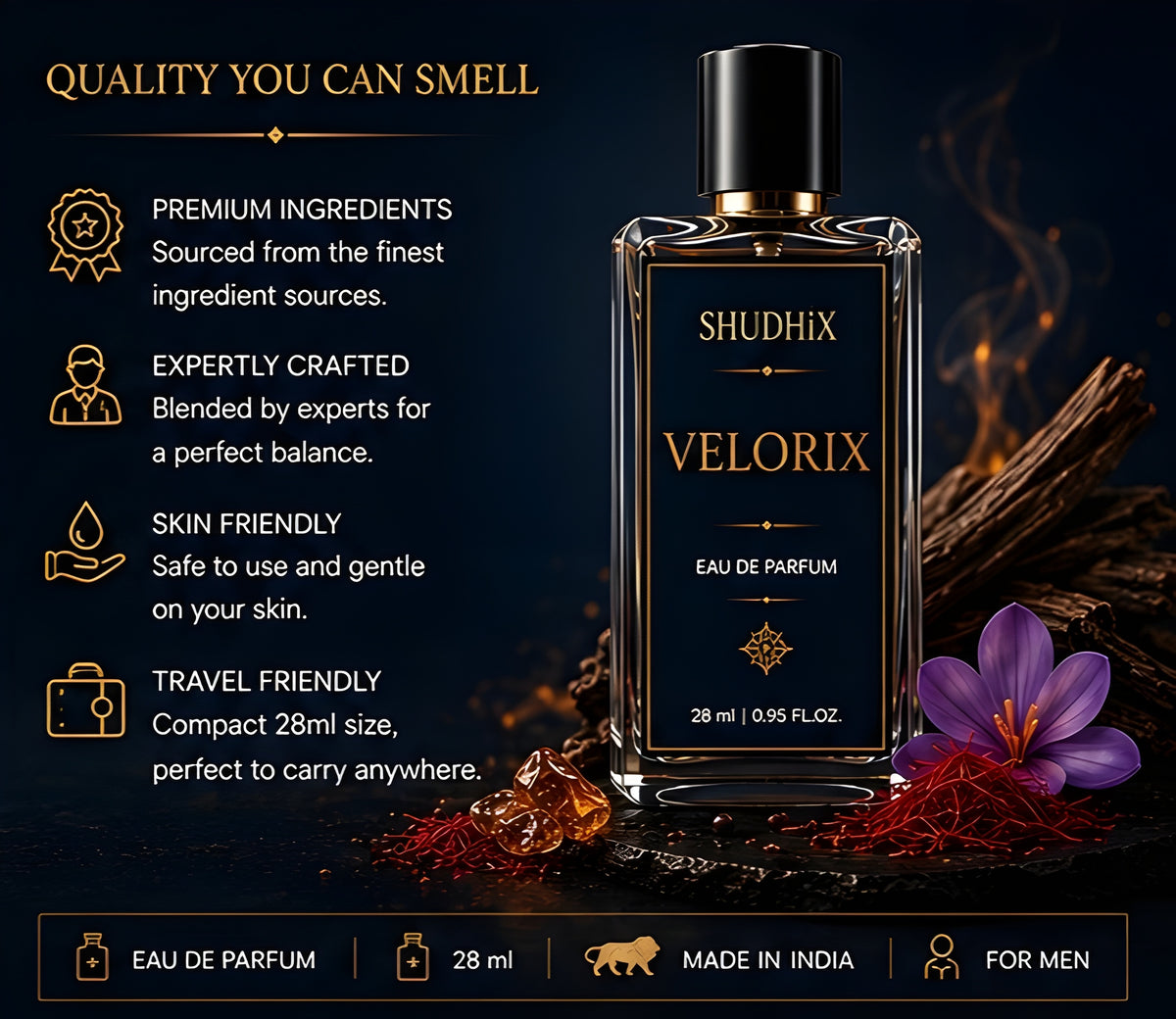 SHUDHIX Velorix Eau De Parfum for Men | Luxury Oud, Amber & Saffron Perfume