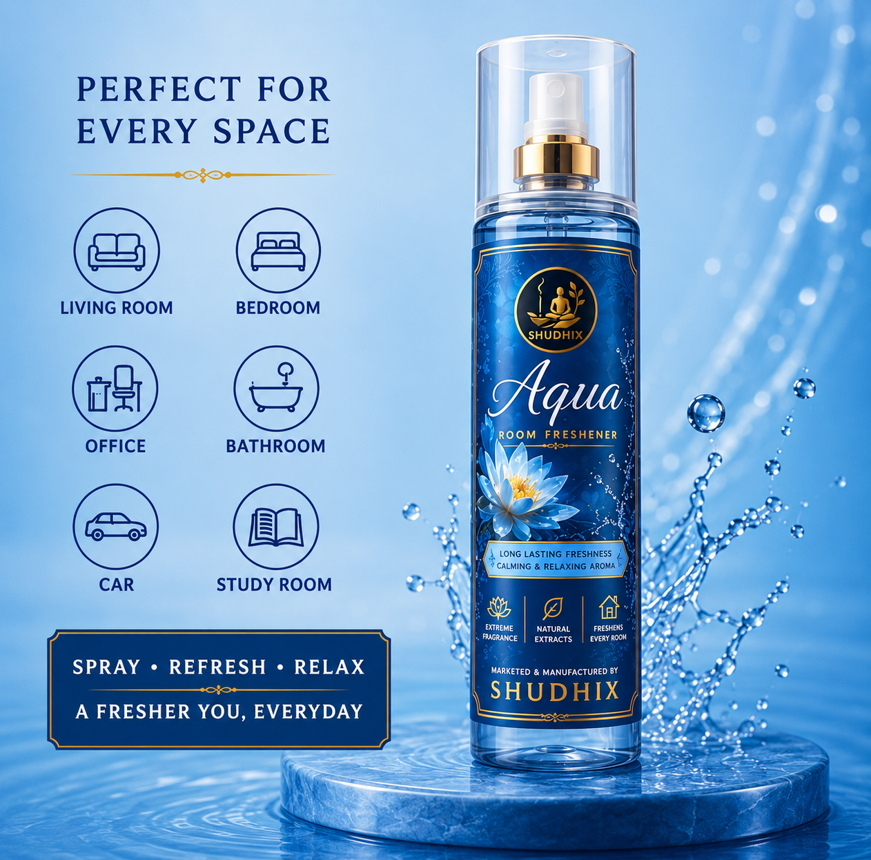 SHUDHIX Aqua Room Freshener Spray 200ml | Long Lasting Fresh Aqua Air Freshener for Home, Office, Bedroom & Bathroom