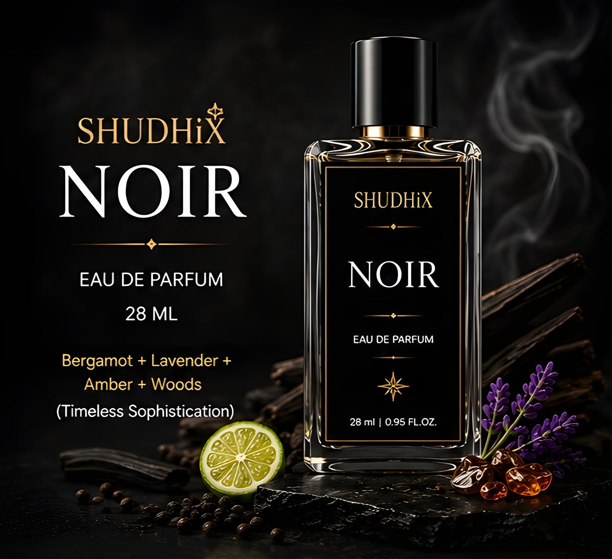SHUDHIX NOIR Eau De Parfum for Men | Bergamot, Lavender, Amber & Woods | Long Lasting Luxury Fragrance