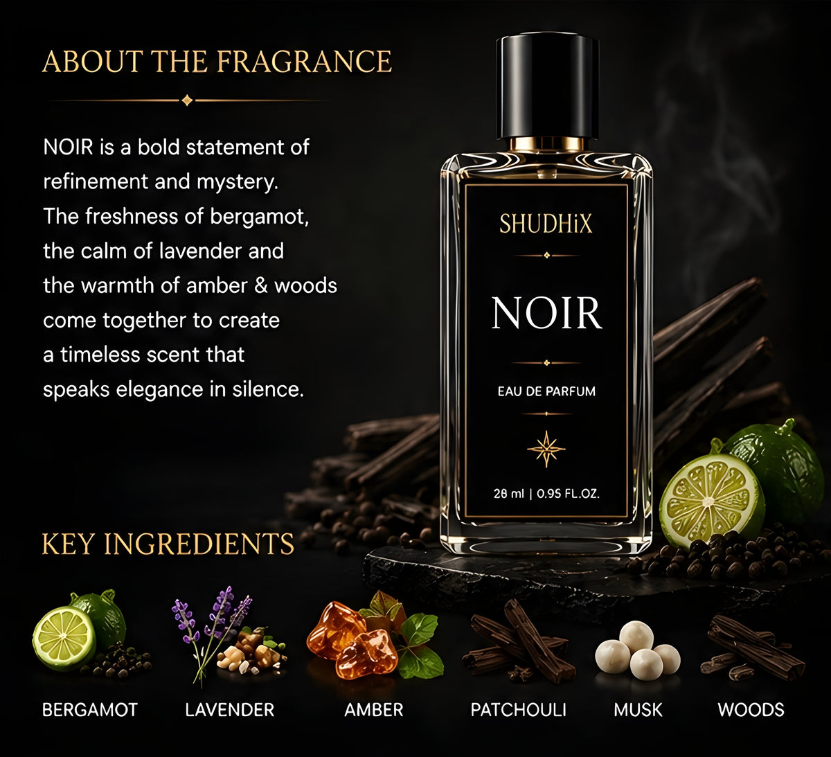 SHUDHIX NOIR Eau De Parfum for Men | Bergamot, Lavender, Amber & Woods | Long Lasting Luxury Fragrance