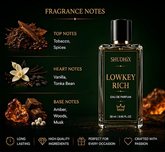SHUDHIX Lowkey Rich Eau De Parfum for Men | Tobacco, Vanilla, Amber & Musk | Long Lasting Luxury Fragrance
