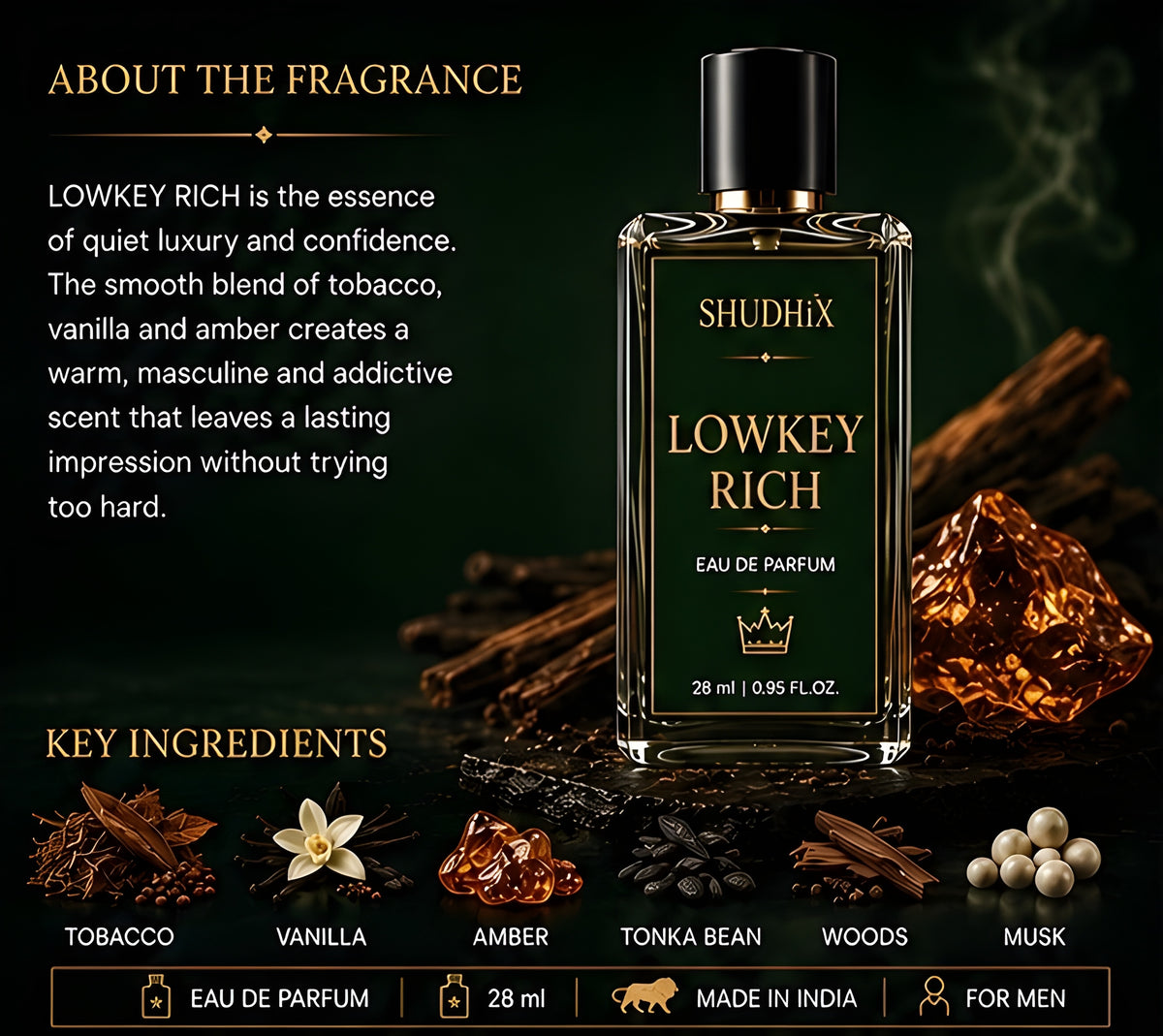 SHUDHIX Lowkey Rich Eau De Parfum for Men | Tobacco, Vanilla, Amber & Musk | Long Lasting Luxury Fragrance