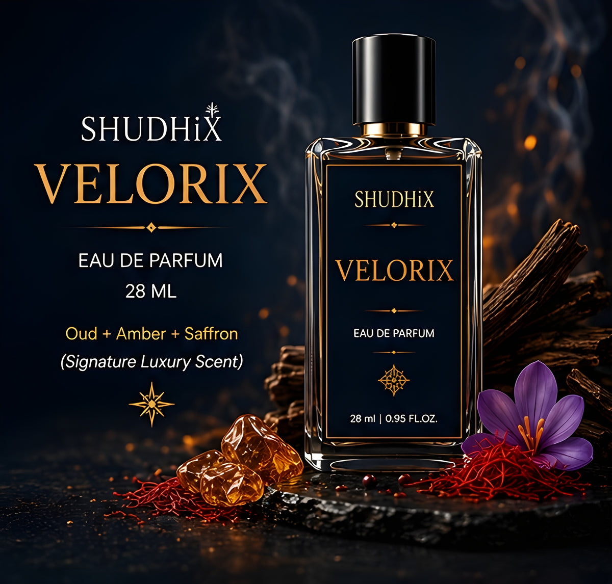 SHUDHIX Velorix Eau De Parfum for Men | Luxury Oud, Amber & Saffron Perfume