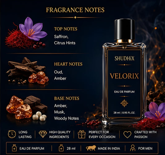 SHUDHIX Velorix Eau De Parfum for Men | Luxury Oud, Amber & Saffron Perfume