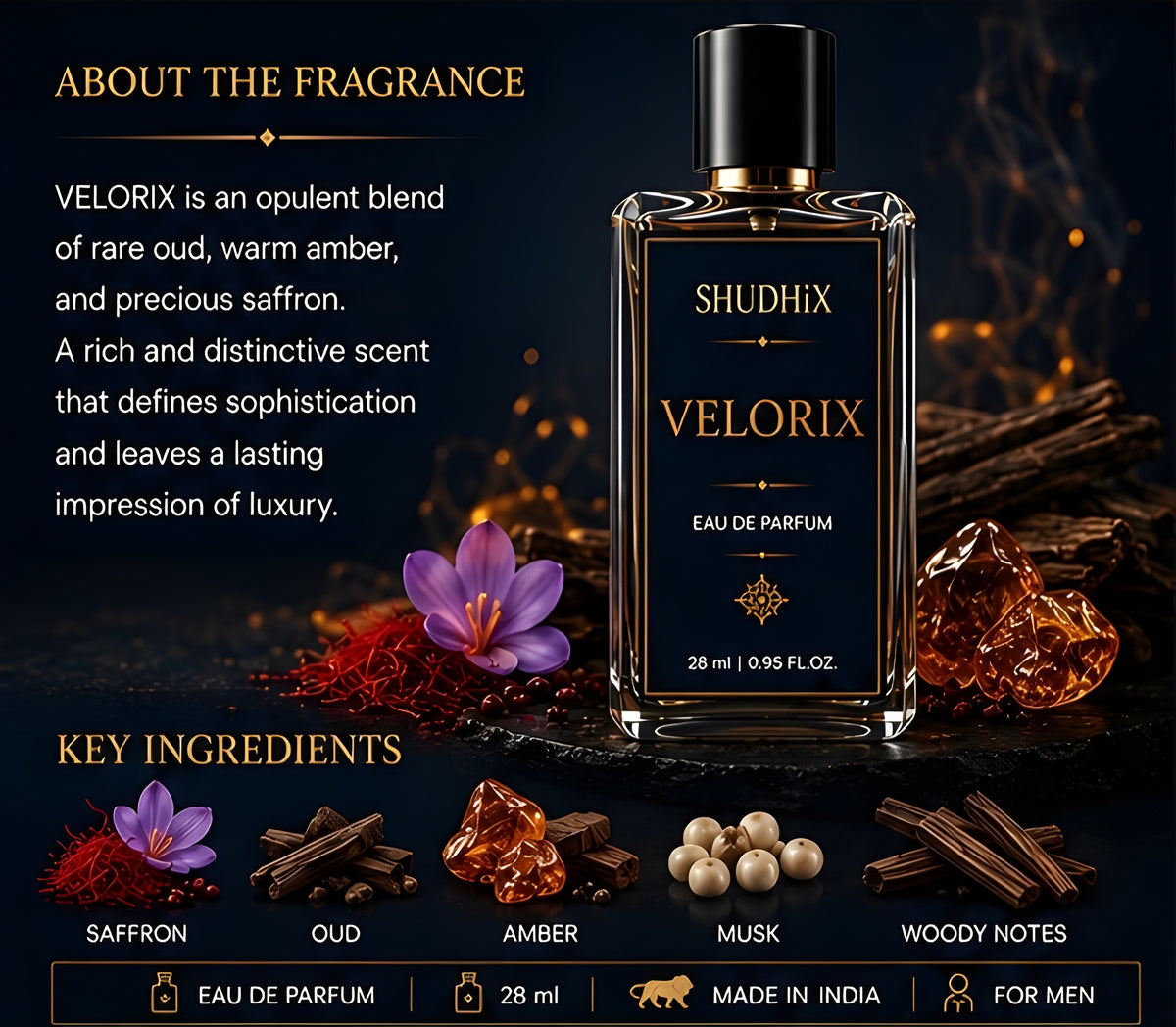 SHUDHIX Velorix Eau De Parfum for Men | Luxury Oud, Amber & Saffron Perfume