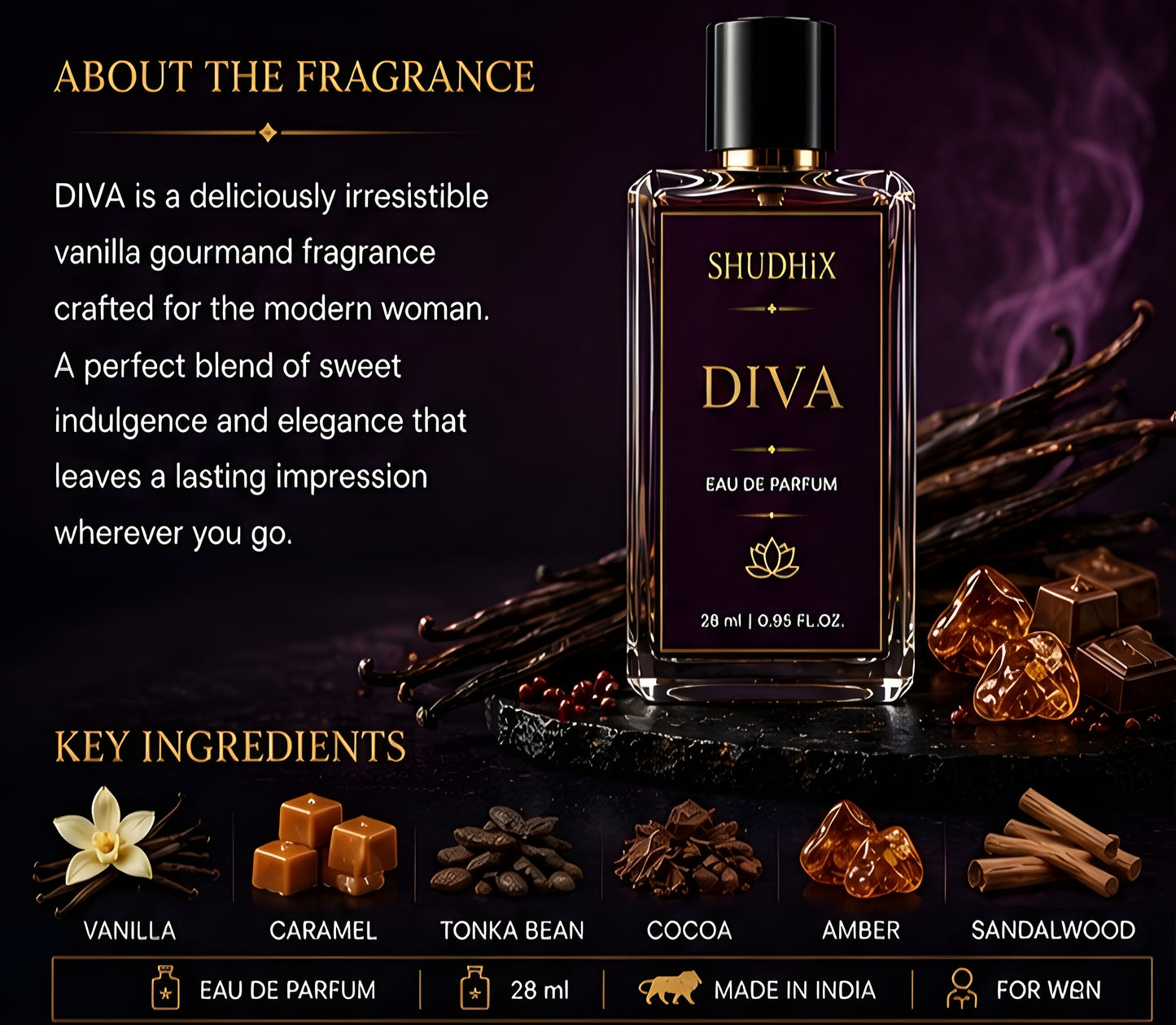 SHUDHIX Diva Eau De Parfum for Women | Vanilla Gourmand Luxury Perfume