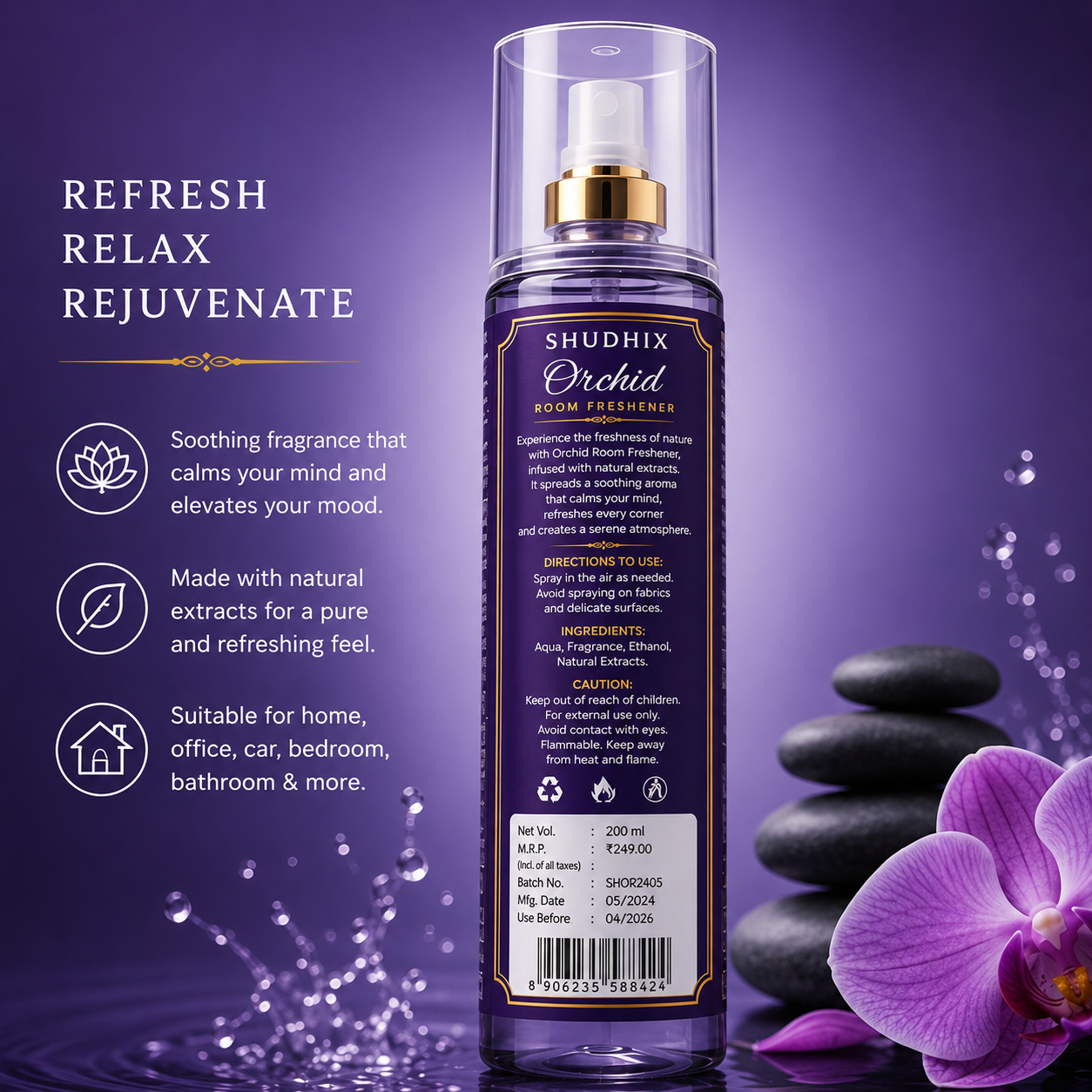 SHUDHIX Orchid Room Freshener Spray 200ml | Long Lasting Floral Air Freshener for Home, Office, Bedroom & Bathroom