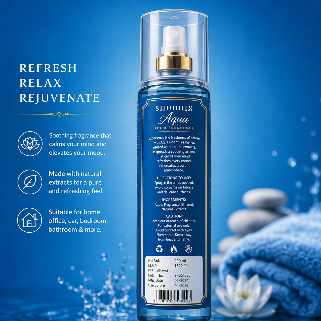 SHUDHIX Aqua Room Freshener Spray 200ml | Long Lasting Fresh Aqua Air Freshener for Home, Office, Bedroom & Bathroom