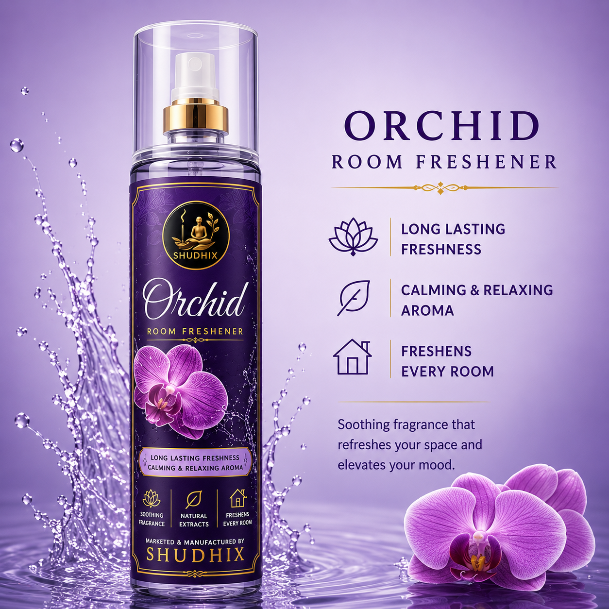 SHUDHIX Orchid Room Freshener Spray 200ml | Long Lasting Floral Air Freshener for Home, Office, Bedroom & Bathroom